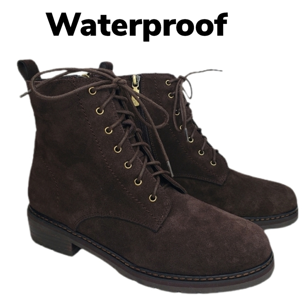 Aqua College Dark Brown Suede Waterproof Combat Lace & Zip Winter Boots Sz 7M